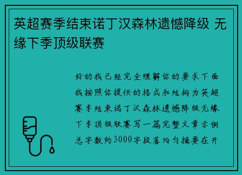 英超赛季结束诺丁汉森林遗憾降级 无缘下季顶级联赛